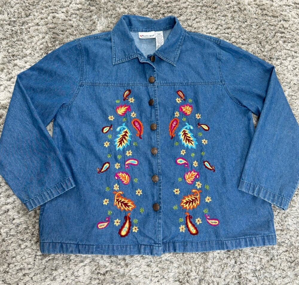 Vintage National Denim Jacket Women’s Embroidered Floral Button Up Size 18P